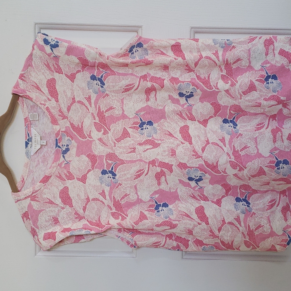 Size 1 TED BAKER Pink Floral Top Sleeveless Cotton Linen